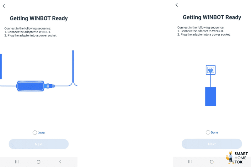 In der Ecovacs App wird gezeigt, wie der WINBOT W1 PRO am Stromnetz angeschlossen werden muss.